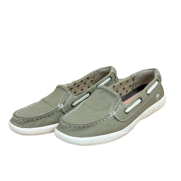 Margaritaville Shoes - Margaritaville Tahiti shoes size 9 khaki/sage green canvas boat memory foam